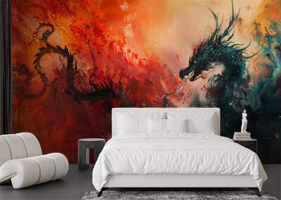 dragon flies through the fire Wall mural