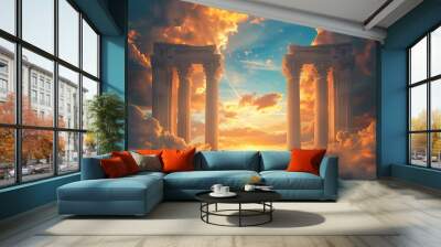 A breathtaking celestial scene with ancient columns at sunset Wall mural