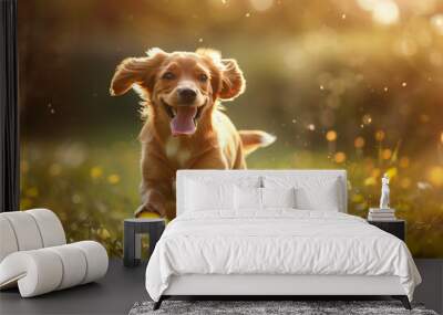 A joyful brown dog running through a sunlit field filled with yellow flowers, its ears flapping and tongue out, surrounded by a magical dust of light Wall mural