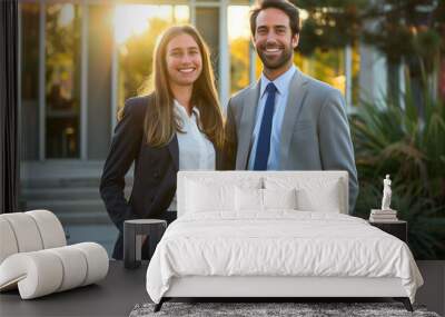 Professional man and woman smiling in business attire at sunset Wall mural