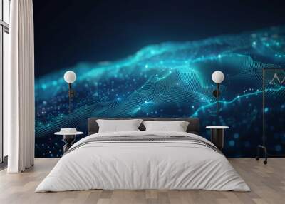 Stylized digital landscape with vibrant blue and cyan lights on a dark background, showcasing a dynamic flow of data across a virtual terrain Wall mural