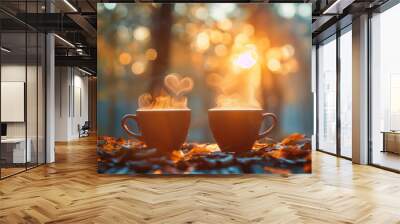 Two Cups of Coffee on a Rustic Wooden Table Wall mural