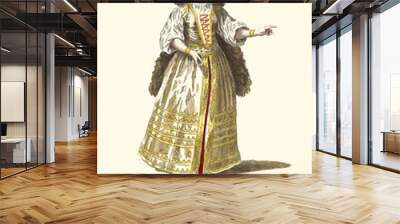 Old illustratiion of Hungarian Lady in traditional dresses in 1700. Classical ancient elements like corsage, long skirt and soutane. By J.M. Vien, publ. T. Jefferys, London, 1757-1772 Wall mural