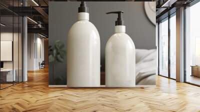 Cosmetic product mockup. A white bottle mockup of handwash. Shampoo and conditioner bottles mockup Wall mural