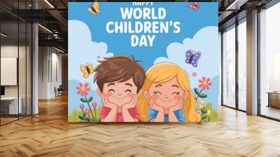 Sweet vector design for World Children's Day featuring a boy and girl happily sitting together, perfect for holiday or children's educational purposes. Wall mural