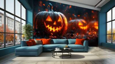 Glowing Jack O Lantern with Spiders for Halloween Wall mural