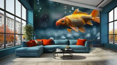 Goldfish swimming in a clear blue aquarium with bubbles, showcasing vibrant orange and white colors against the aquatic backdrop Wall mural