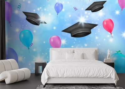 Graduates celebration flying black hats, balloons and ribbons in the blue sky vector background. Invitation poster for diplomas award ceremony. Happy mood, excitement illustration, future expectation. Wall mural