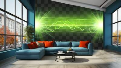 Laser beam light effect, burning explosion isolated on transparent background. Vector neon green lightning energy, glowing ray with lens flare. Hi tech shining design element for text ads, posters. Wall mural