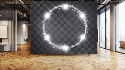 Light effect frame with silver stars and glowing tail of shining stardust sparkles, cold illumination. Crown blizzard energy ring flowing in motion. Luxurious design element on transparent background. Wall mural