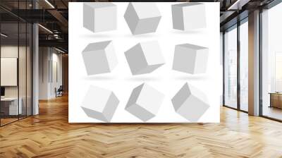 Vector set of white cubes. 3d square boxes under different angles. Paper style rotated containers for icons, logos. Three dimensional floating monochrome design elements isolated on white. Wall mural