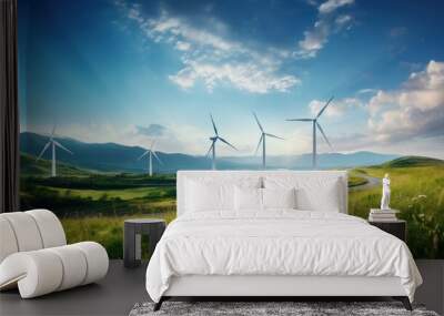 Wind Turbines on a Green Meadow with Blue Sky Wall mural