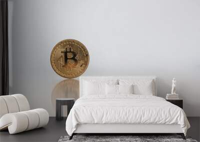 Golden Bitcoin on table with a reflective surface of bitcoin , copy space for text -  conceptual image for crypto currency. Wall mural