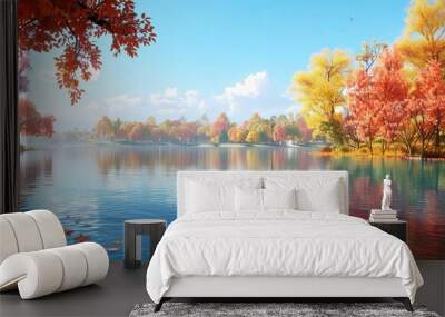 Lake with colorful autumn foliage, peaceful and vibrant Wall mural