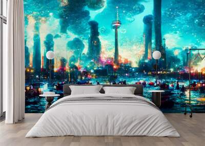 A vast skyline of a fantastic city scape with a thousands boats floating in front on the blue water landscape panorama Wall mural