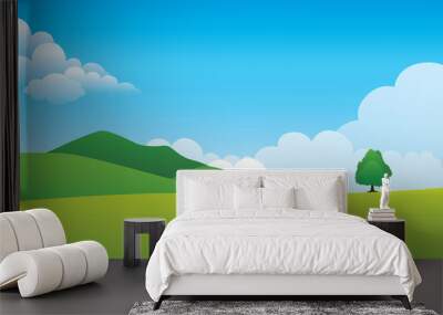 Green hill landscape.  Vector illustration of panorama view with green mountain landscape and cloud sky. Wall mural