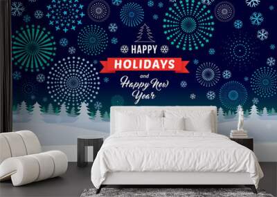 Happy holidays and Happy New Year on winter landscape with snowflakes and fireworks background. Wall mural