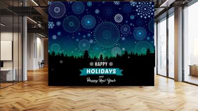 Happy holidays and Happy New Year on winter landscape with snowflakes and fireworks background. Wall mural