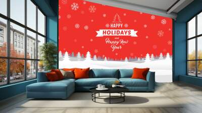 happy holidays and happy new year on winter landscape with snowflakes and pine forest background. Wall mural