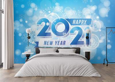 Happy new year 2021 design with fireworks and winter season concept. Vector illustration Wall mural