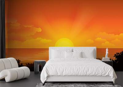 Sunset on the horizon over the sea landscape. Vector illustration Wall mural