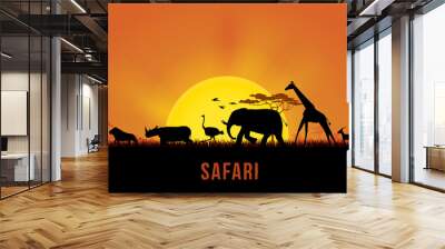 vector illustration of africa landscape with wildlife and sunset background. safari theme Wall mural