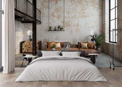 Industrial loft living room interior with sofa,chair and brick wall.3d rendering Wall mural