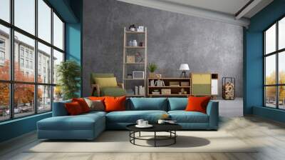 Mockup living room with wood cabinet,table,shelf and armchair with polished concrete loft style wall.3d rendering Wall mural