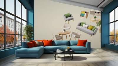 Panorama of furniture flying in background.Concept for selling furniture advertisement.3d rendering Wall mural