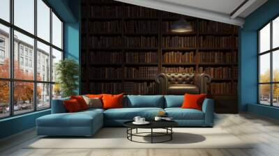 Reading room in old library or house.Vintage style leather armchair with ceiling lamp.Night scene room.3d rendering Wall mural