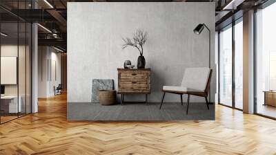 Wabi-sabi style interior mockup with chair,table,vase and floor lamp on grunge wall background.3d rendering Wall mural