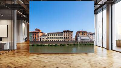 Panoramic view of the colorful houses on the banks of the Arno river from the other shore, Pisa Wall mural