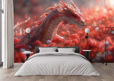 Dragon's Den: A Fantasy World of Red Flowers and Fire Generative AI Wall mural