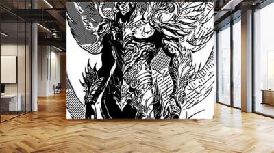 black and white illustration of a fantasy monster cartoon. Wall mural