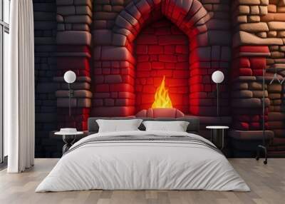 dark brick wall with a red fire Wall mural