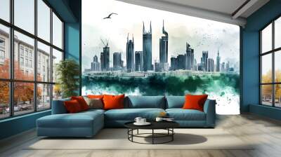 Arabic skyline. Saudi Arabia poster illustration with modern city skyline in watercolor style.  Wall mural