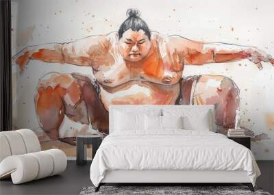 sumo fighters ready to fight in the arena. watercolor painting. Wall mural