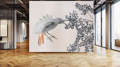 A beautiful flycatcher at hunt, fine art portrait of Black redstart (Phoenicurus ochruros) Wall mural