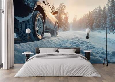 Driving on Snow-Covered Road Wall mural