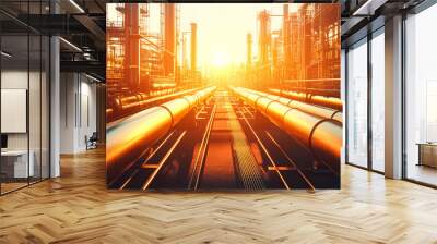 Gleaming Metallic Pipelines in Industrial Complex Wall mural