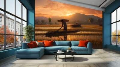 Traditional farmer chinese working in a rice paddy at sunset. Illustration AI Wall mural