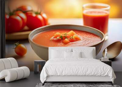 A bowl of traditional Spanish gazpacho garnished with herbs, served in a rustic bowl on a wooden table. Wall mural