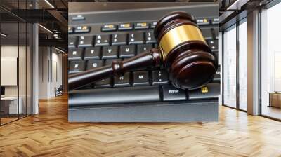 A judge presides over a court, brandishing the mace of justice while a laptop and keyboard display evidence in an ongoing cybercrime case. Technology aids communication between legal professionals. Wall mural