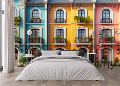 Row of townhouses, each painted in a different vibrant color: orange, pink, blue and yellow. Wall mural