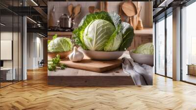 Two heads of cabbage on a wooden cutting board in a kitchen Wall mural