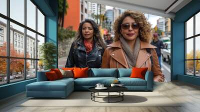 Two women in stylish leather jackets walking confidently on a bustling city street, enjoying a casual outing on a cool autumn day. Wall mural