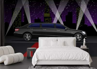 Movie Stars Background Scene with Red Carpet, Limo and Lights and a City Skyline. Vector Illustration Wall mural