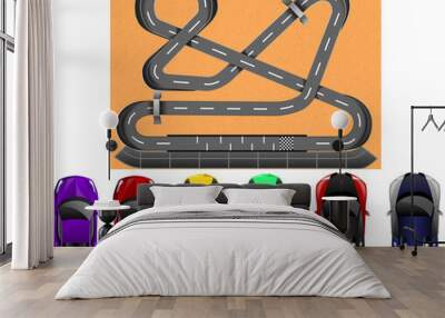 Realistic Glossy Race Cars Top View and Racing Track. Vector Illustration Background Wall mural