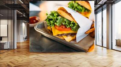 Authentic New York cheese burger. Delicious fast food. Wall mural