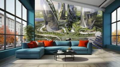 A city plan designed using environmentally friendly energy sources such as solar electricity and wind electricity.green energy concept. Wall mural